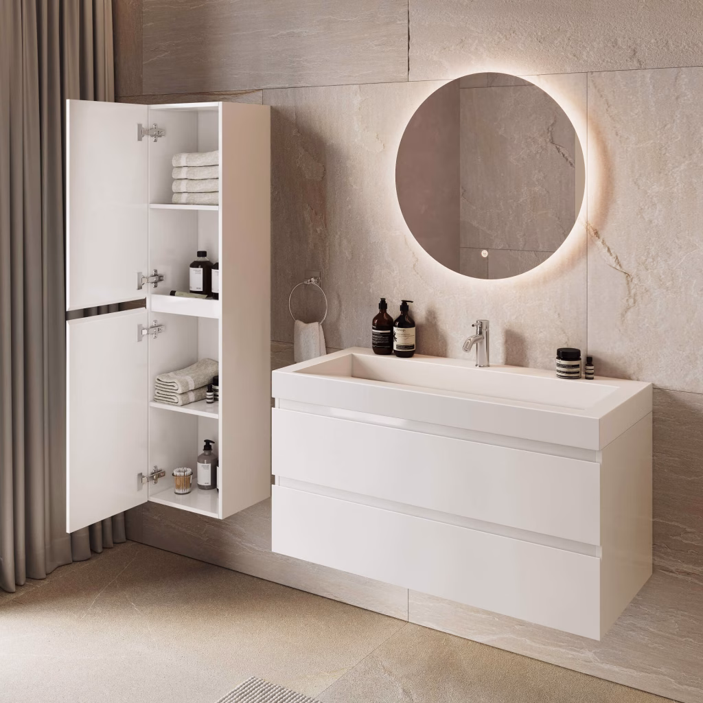 3D rendering of a white gloss bathroom vanity with white basin and an open tall cabinet