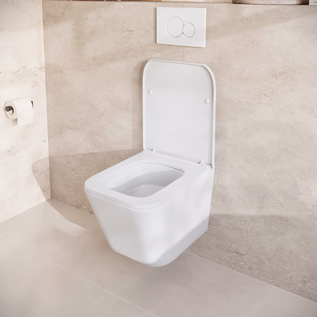 3D rendering of a white square wall-hung toilet with the lid open and a white flush plate