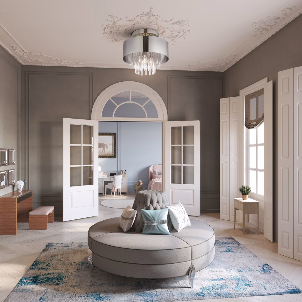 3D rendering of a chrome drum semi-flush ceiling light with crystal rods for Livex Lighting in a classic room with ornate ceiling molding