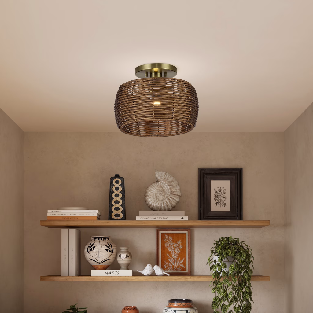 3D rendering of a rattan drum semi-flush ceiling light with an antique brass base for Livex Lighting above styled wall shelves