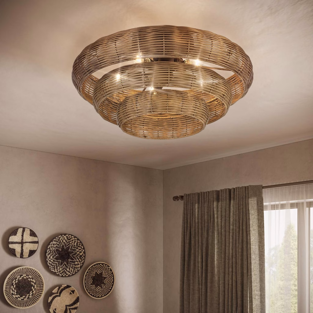 3D rendering of a three-tier rattan flush mount ceiling light for Livex Lighting in a bedroom with woven baskets on the wall
