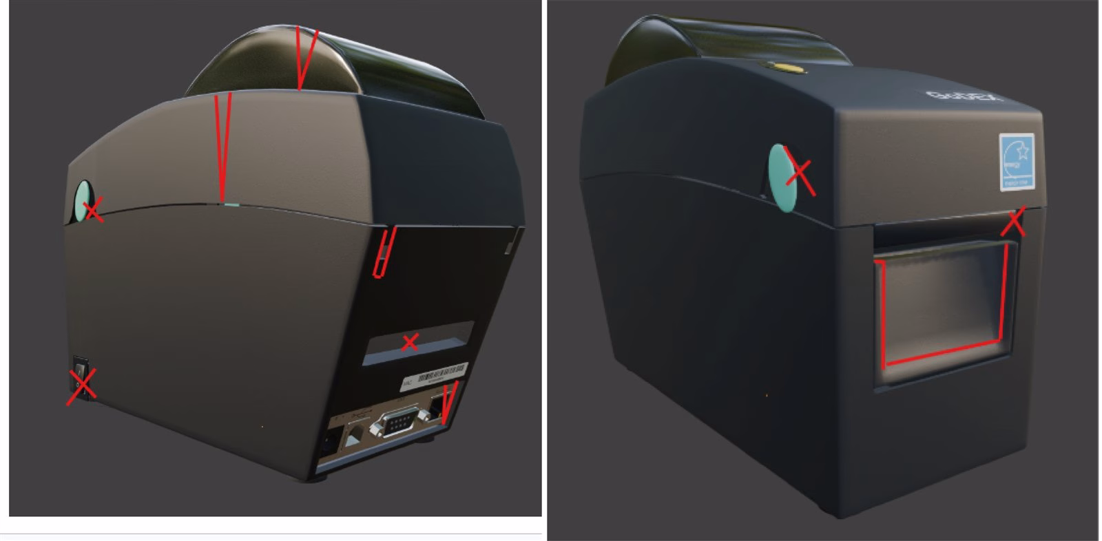 The same label printer model with a glossy material applied and defects marked in red: uneven lid, broken edges, missing wall section, misplaced port