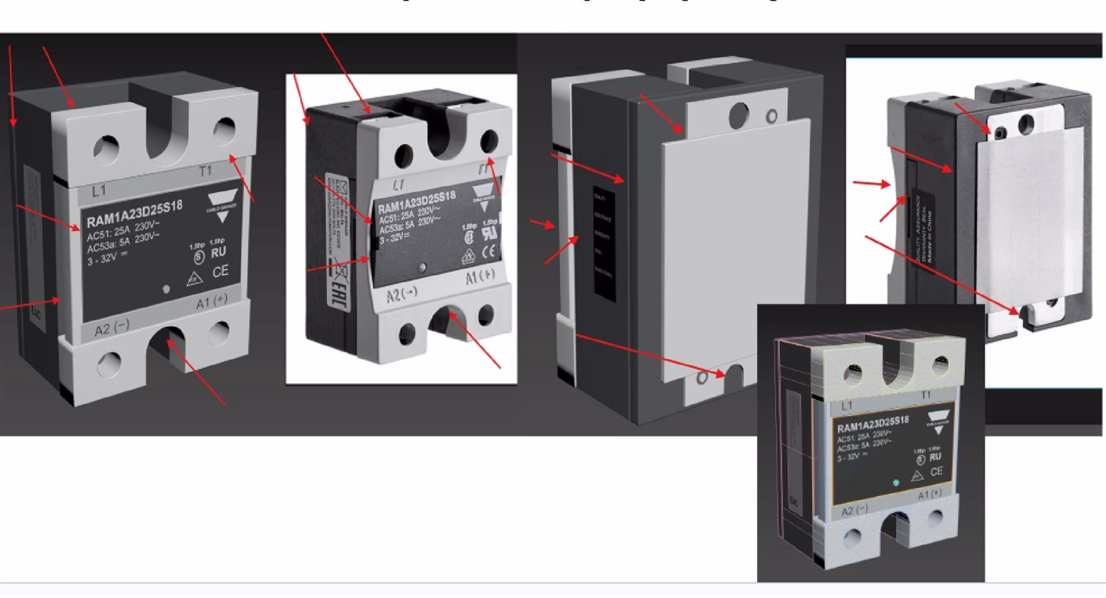 Industrial relay: product photos next to the AI model, with red arrows at every difference in terminals, label and screw holes