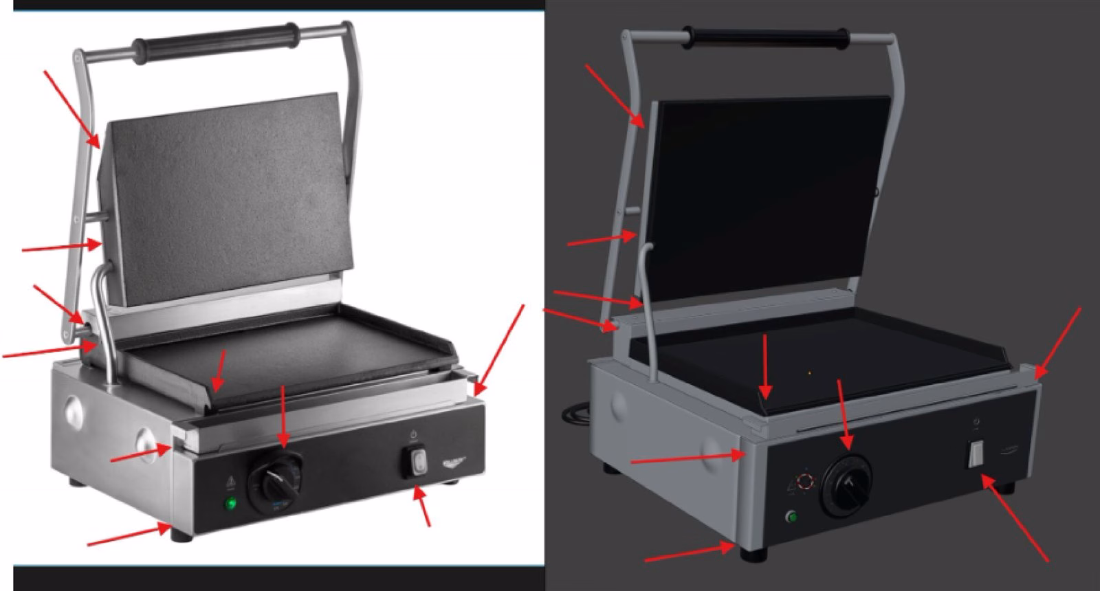 Countertop panini grill: product photo and AI model side by side with red arrows marking handle, hinge, feet and knob differences