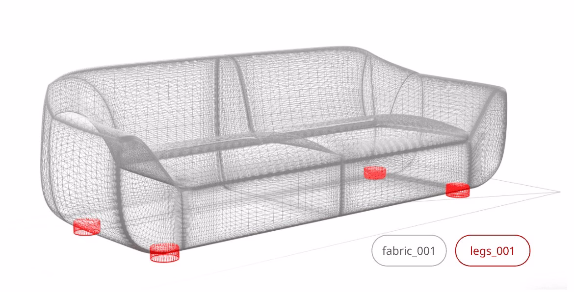 Wireframe 3D model of a sofa with the fabric and legs separated into their own parts