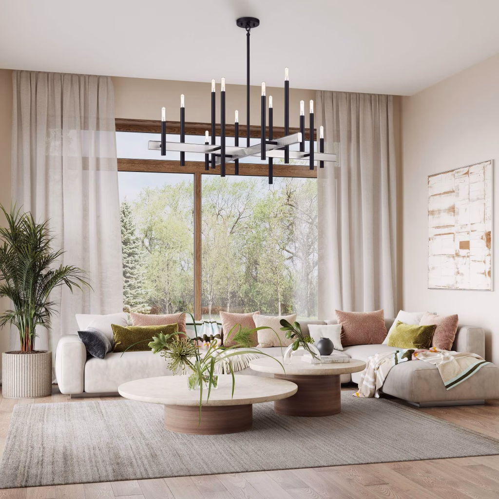 3D rendering of a black and brushed nickel linear chandelier for Livex Lighting in a living room with a sectional sofa and a garden window