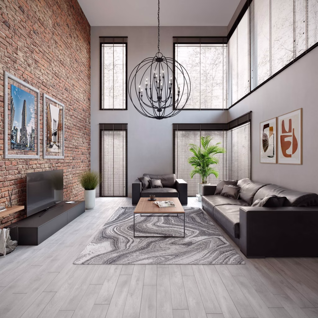 3D rendering of a black orb cage chandelier for Livex Lighting in a double-height loft living room with a brick wall
