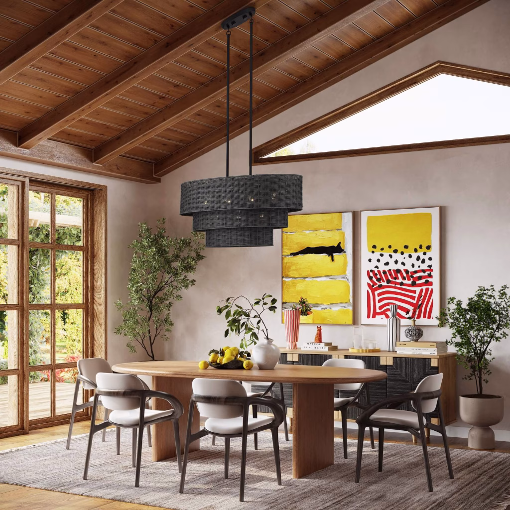 3D rendering of a black rattan three-tier oval chandelier for Livex Lighting over a dining table under a vaulted wood ceiling