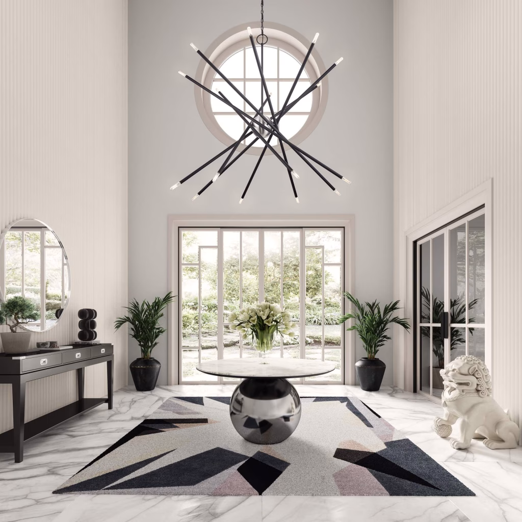 3D rendering of a black sputnik chandelier for Livex Lighting in a double-height foyer with a round window and a marble floor