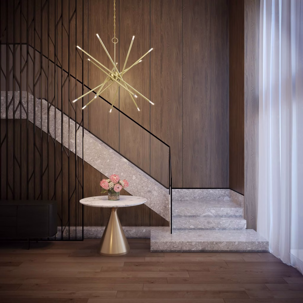 3D rendering of a brass sputnik chandelier for Livex Lighting beside a terrazzo staircase with walnut wall panels