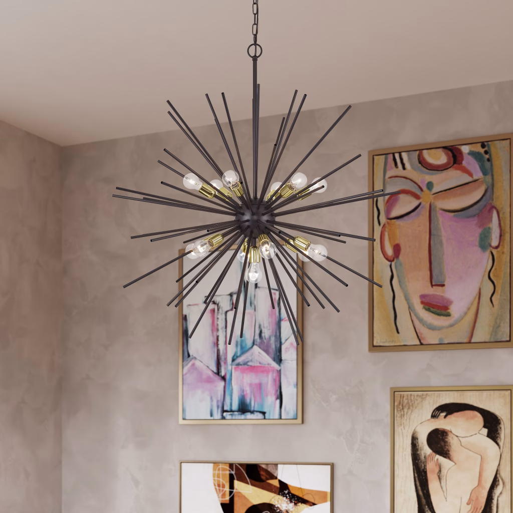 3D rendering of a bronze starburst chandelier with brass sockets for Livex Lighting in front of a gallery wall of modern art