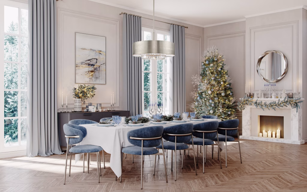 3D rendering of a Livex Lighting crystal drum chandelier over a holiday dining table with a Christmas tree and menorahs