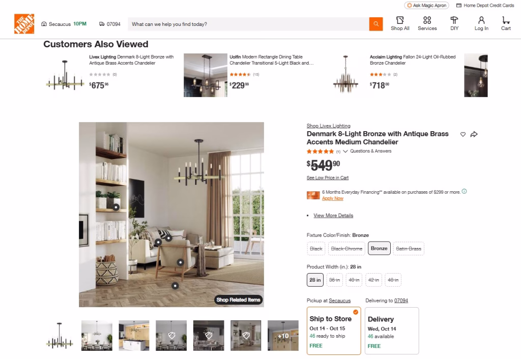 Home Depot product page for the Livex Lighting Denmark chandelier with a CGIFurniture living room rendering