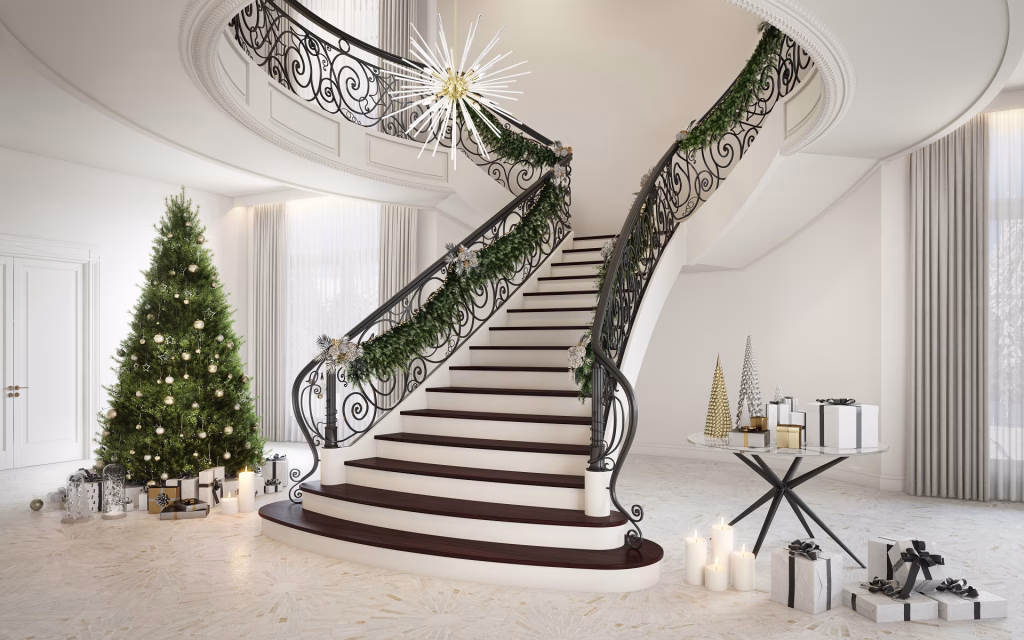 3D rendering of a glass rod starburst chandelier for Livex Lighting above a curved double staircase decorated for Christmas