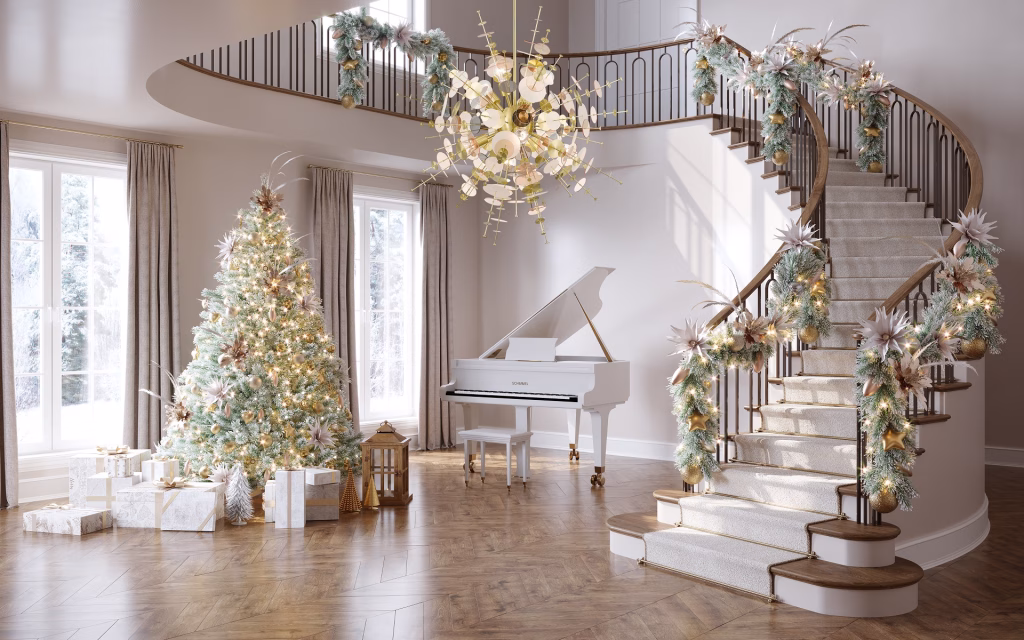 3D rendering of a gold disc sputnik chandelier for Livex Lighting in a Christmas foyer with a garland-wrapped staircase and a white grand piano