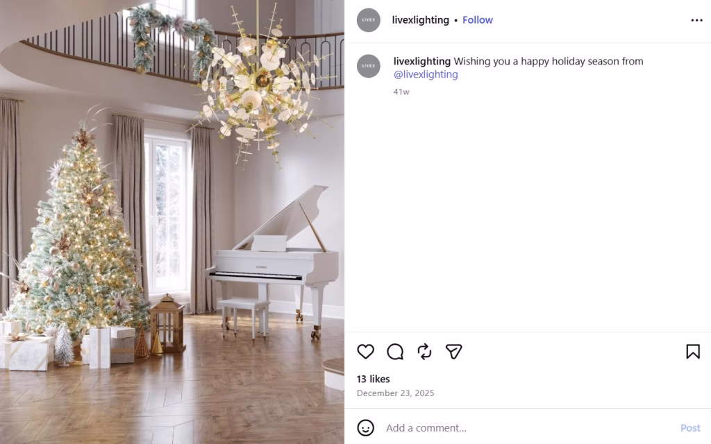 Livex Lighting Instagram holiday post with a CGIFurniture rendering of a gold sputnik chandelier above a Christmas tree and a white grand piano