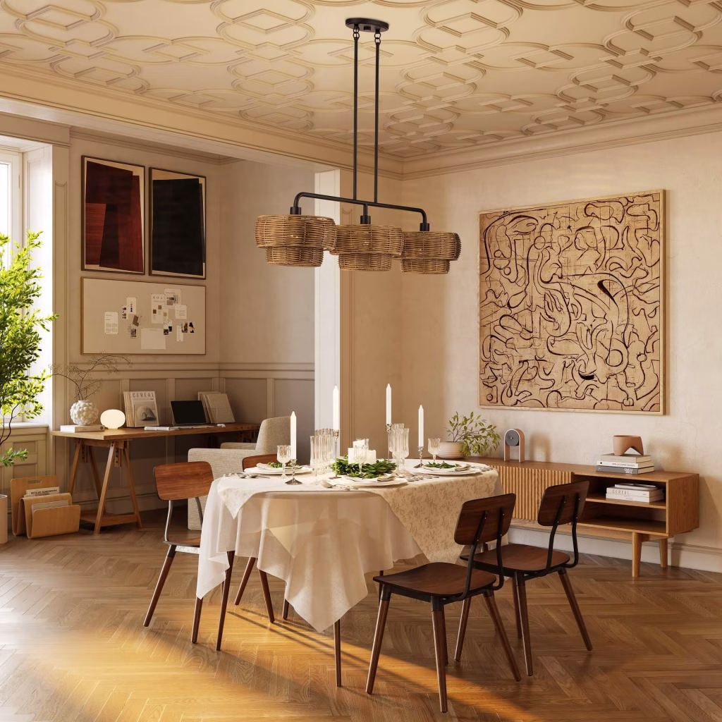 3D rendering of a rattan linear chandelier with three two-tier shades for Livex Lighting over a dining table under a molded ceiling