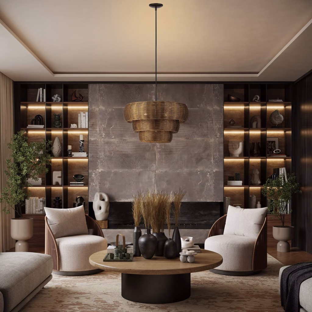 3D rendering of a three-tier rattan chandelier for Livex Lighting in a living room with lit shelving and a stone fireplace wall