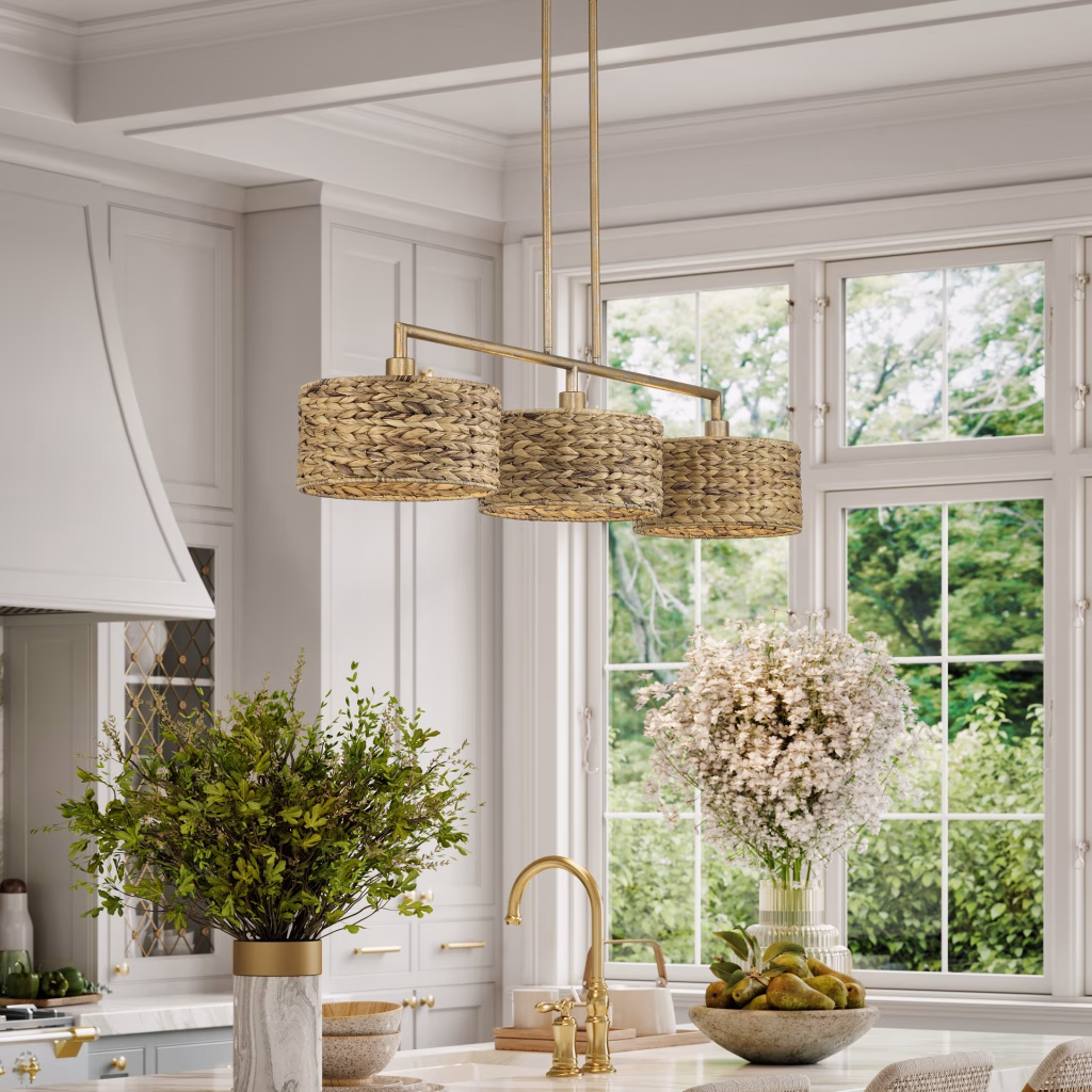 3D rendering of a three-shade woven linear chandelier for Livex Lighting over a kitchen island with brass fixtures