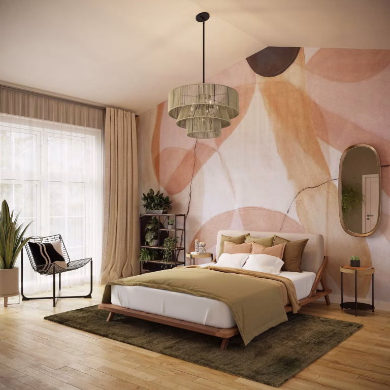 Chandelier rendering for Livex Lighting: a three-tier woven drum chandelier over a bed in a bedroom with a peach abstract mural