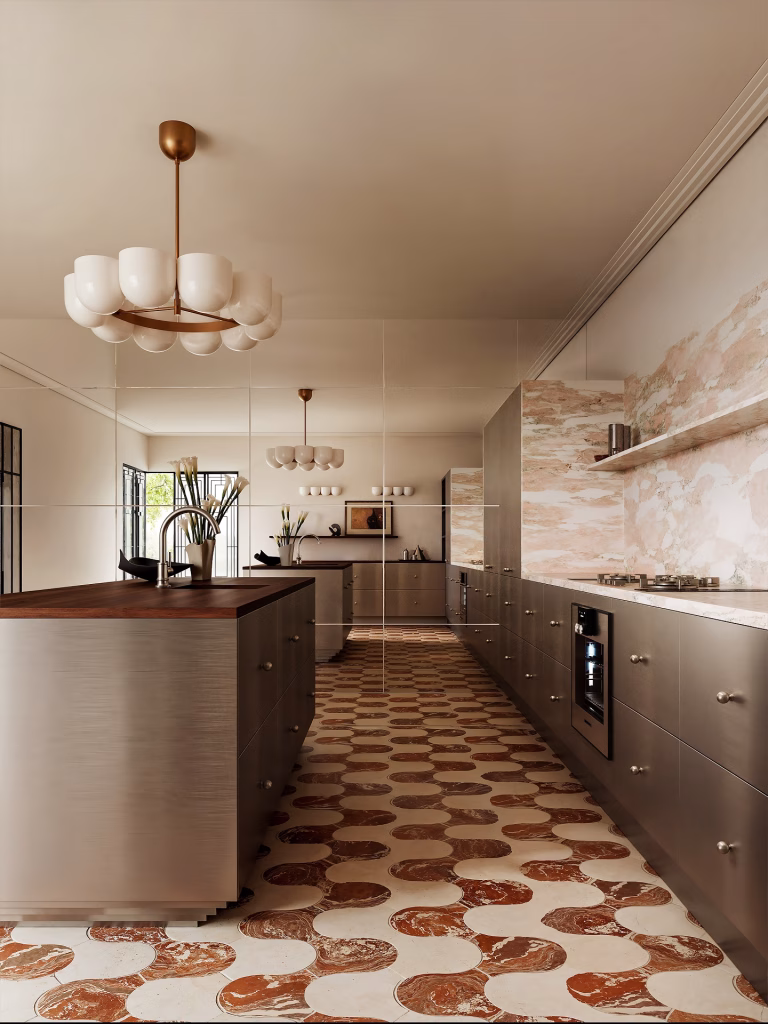 CGI of a brushed stainless steel galley kitchen with a stepped island plinth, a pink marble backsplash and shelf, and a mirrored wall that doubles the room