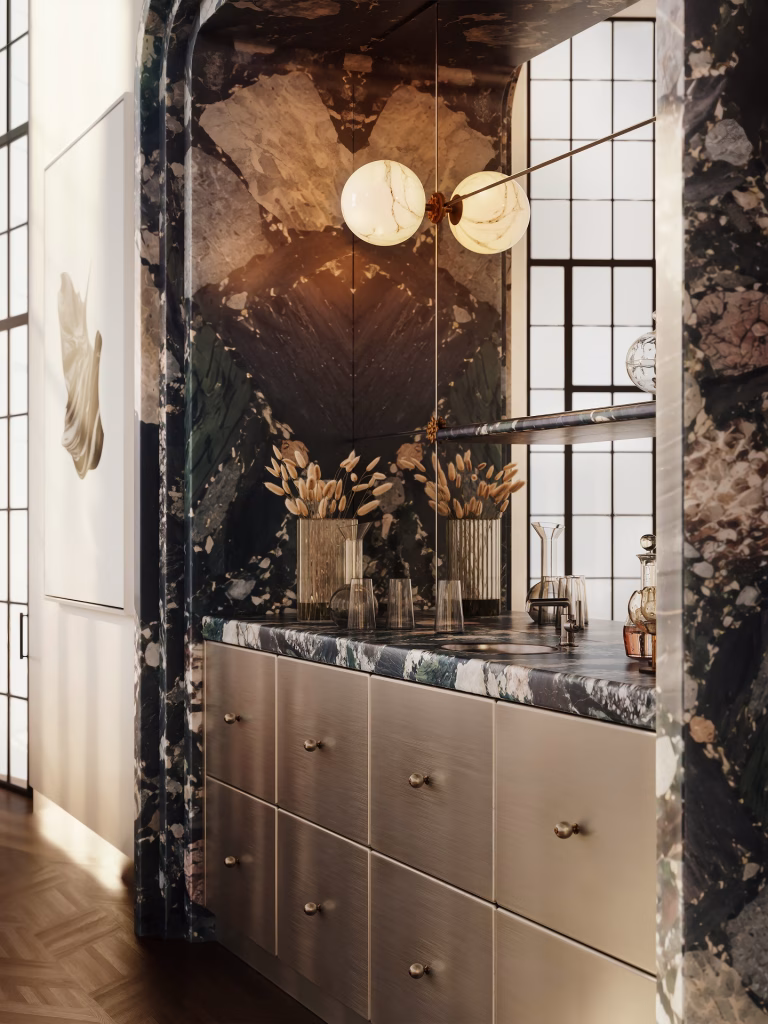 Close-up 3D visualization of brushed steel bar drawers with round brass knobs under a breccia marble countertop, with alabaster globe sconces and glassware