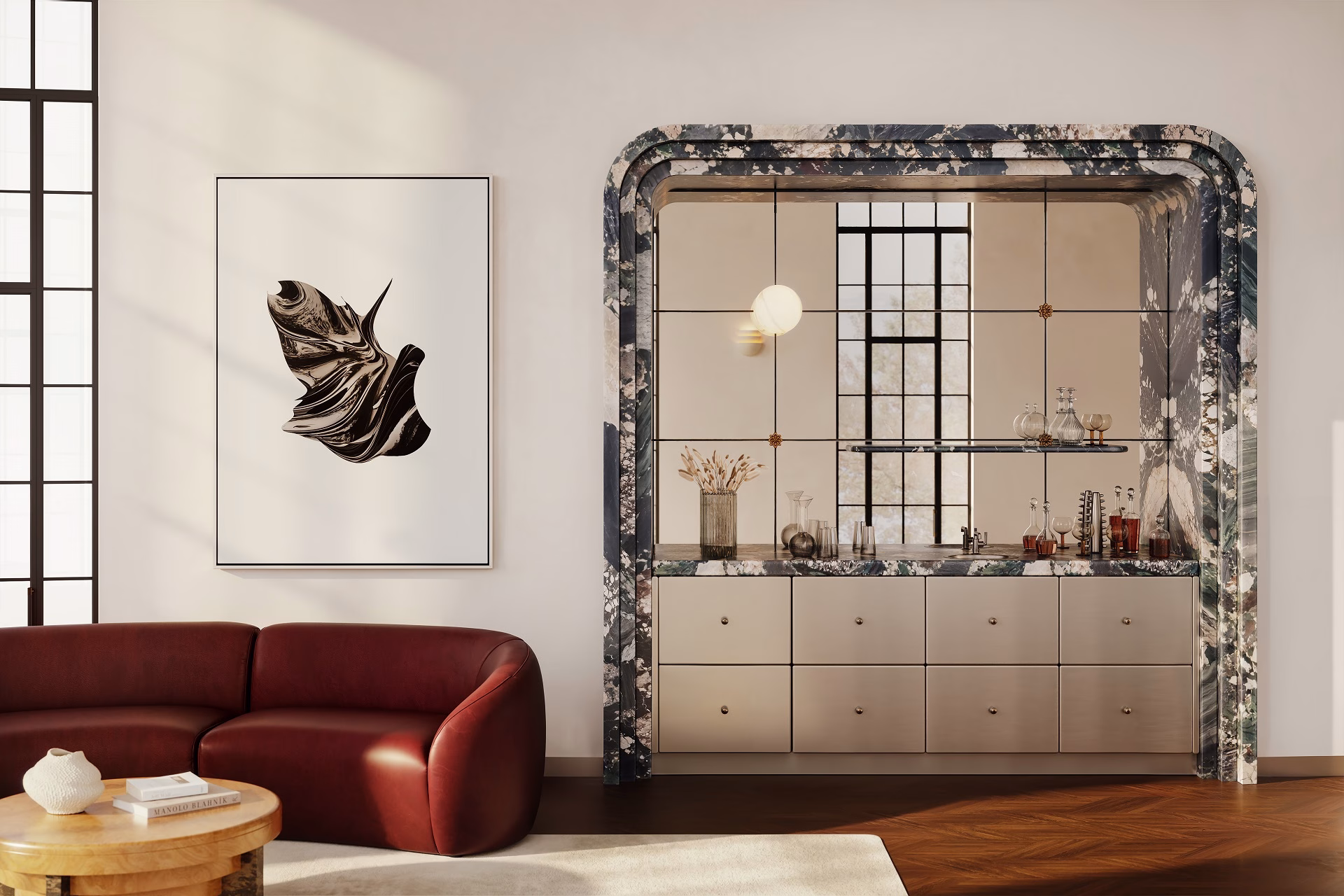 Front-view 3D rendering of a home bar with eight brushed steel drawers, a dark breccia marble countertop and arch, and mirrored panels reflecting a steel-framed window