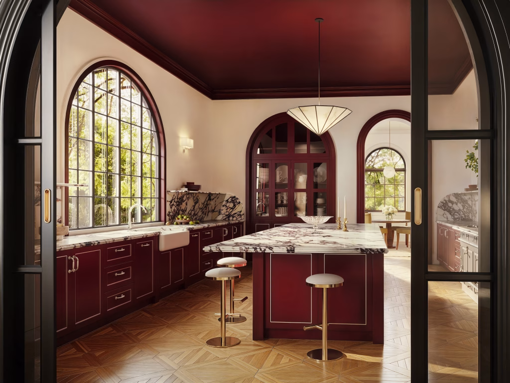 3D rendering of a Craftsman kitchen with OCTAVIA cabinets in custom Burgundy Enamel, a violet-veined marble island with brass stools and an arched garden window, seen through black steel doors