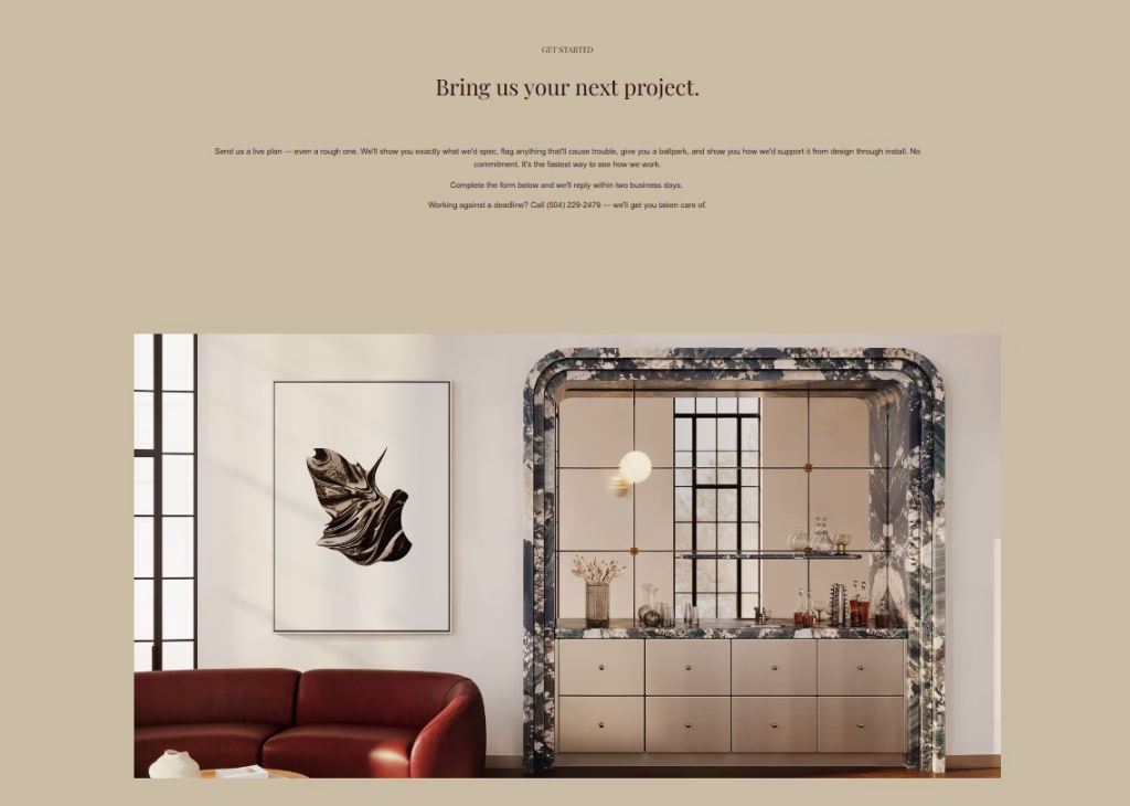 Screenshot of the LINE Cabinetry contact section featuring a 3D rendering of the Art Deco home bar