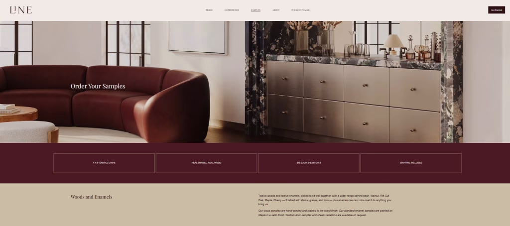 Screenshot of the LINE Cabinetry samples page with a CGI of brushed steel bar drawers as the hero image
