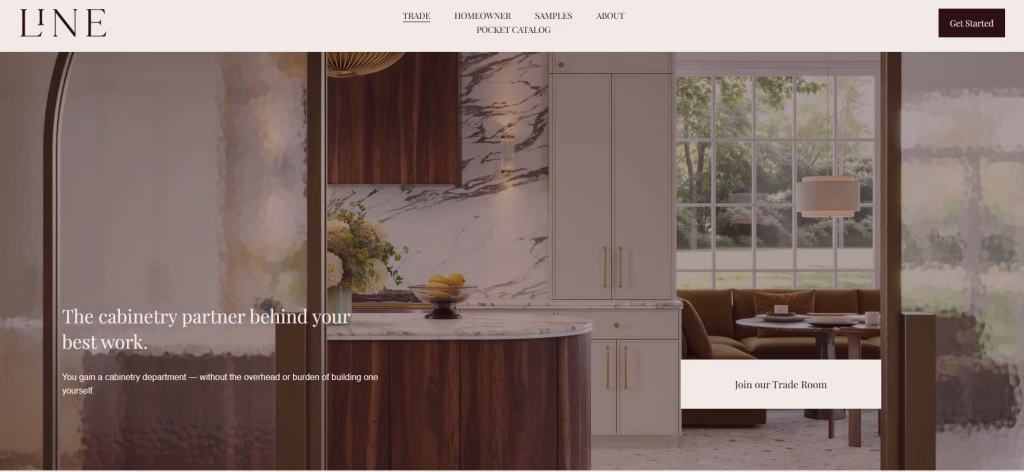 Screenshot of the LINE Cabinetry trade page using a CGIFurniture rendering of the New Orleans kitchen as its hero image