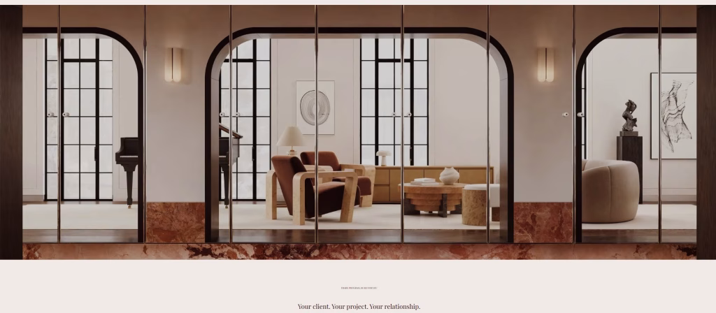 Screenshot of the LINE Cabinetry trade page with a CGI of mirrored wardrobe doors from the Art Deco apartment