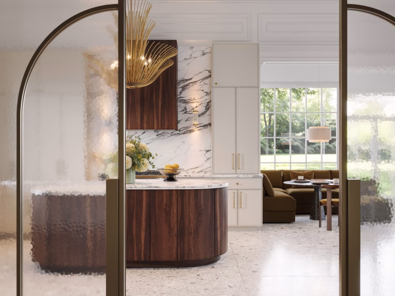 Custom cabinetry CGI of a New Orleans kitchen seen through arched textured glass doors, with a curved SAINT walnut island, NEWCOMB cabinets in Slate White Enamel and an olive velvet breakfast nook