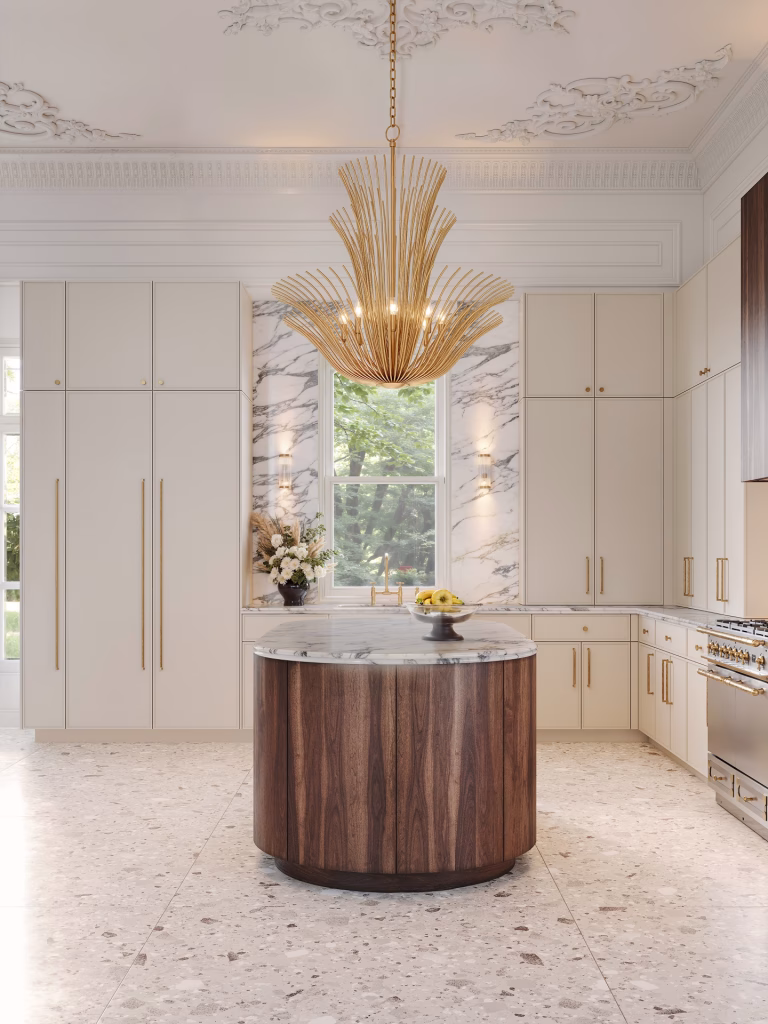3D rendering of a curved walnut kitchen island with a marble top under a gold chandelier, surrounded by tall NEWCOMB cabinets in Slate White Enamel and ornate plaster ceilings