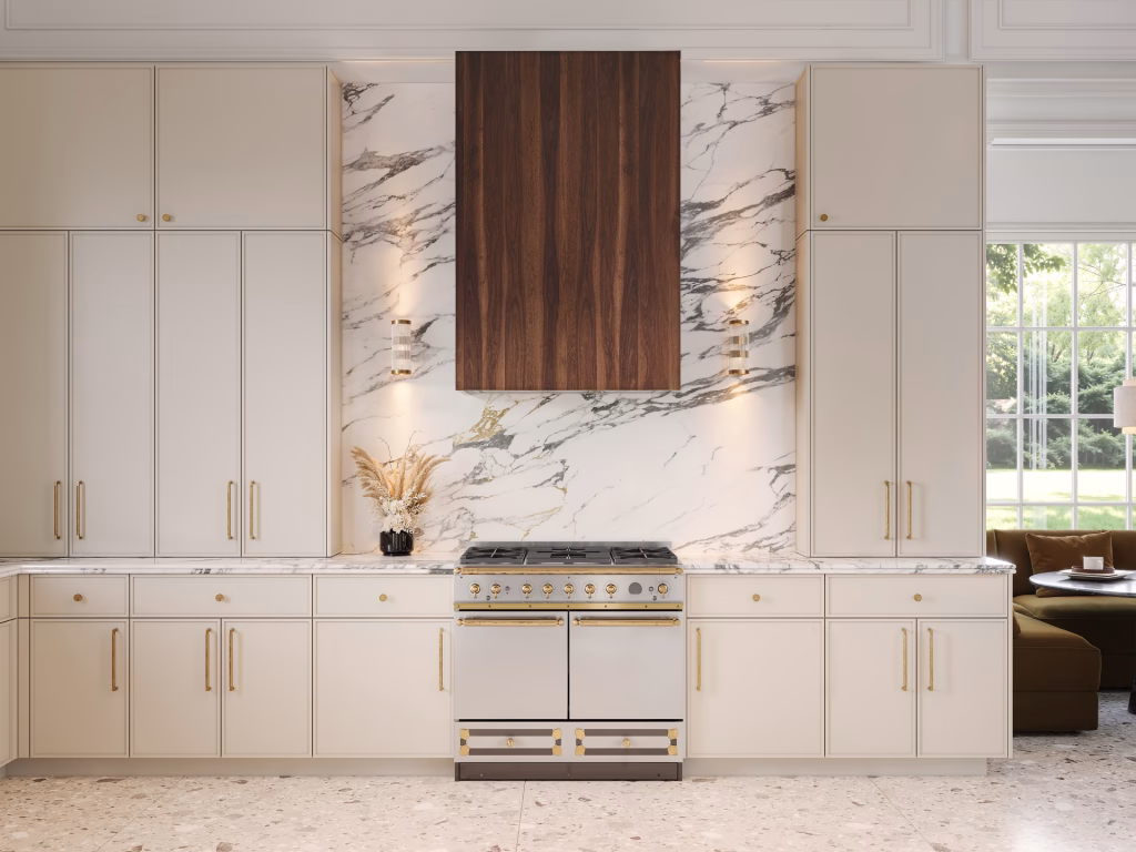 CGI of a kitchen range wall with a SAINT walnut hood, a full-height marble slab and NEWCOMB cabinets in Slate White Enamel with brass pulls