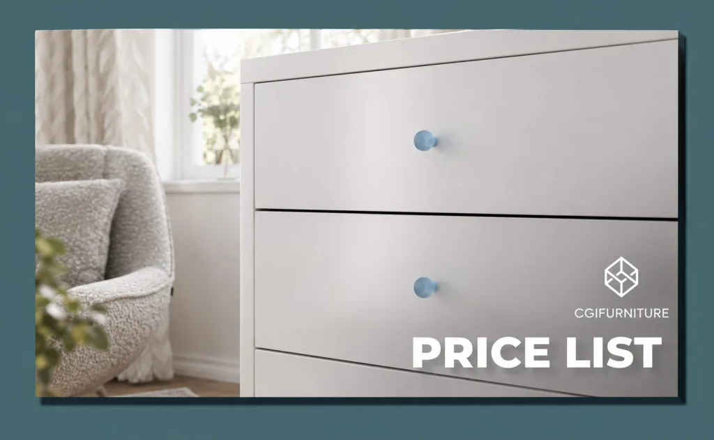 CGIFurniture price list cover with a 3D render of light blue knobs on white dresser drawers