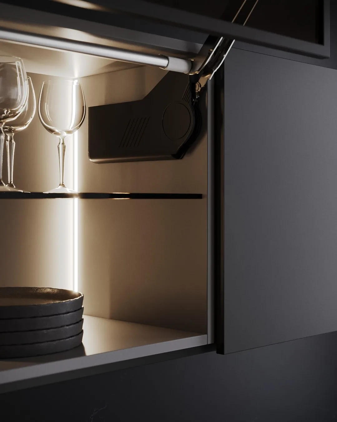 3D render of a cabinet lift mechanism with a black cover inside an open wall cabinet