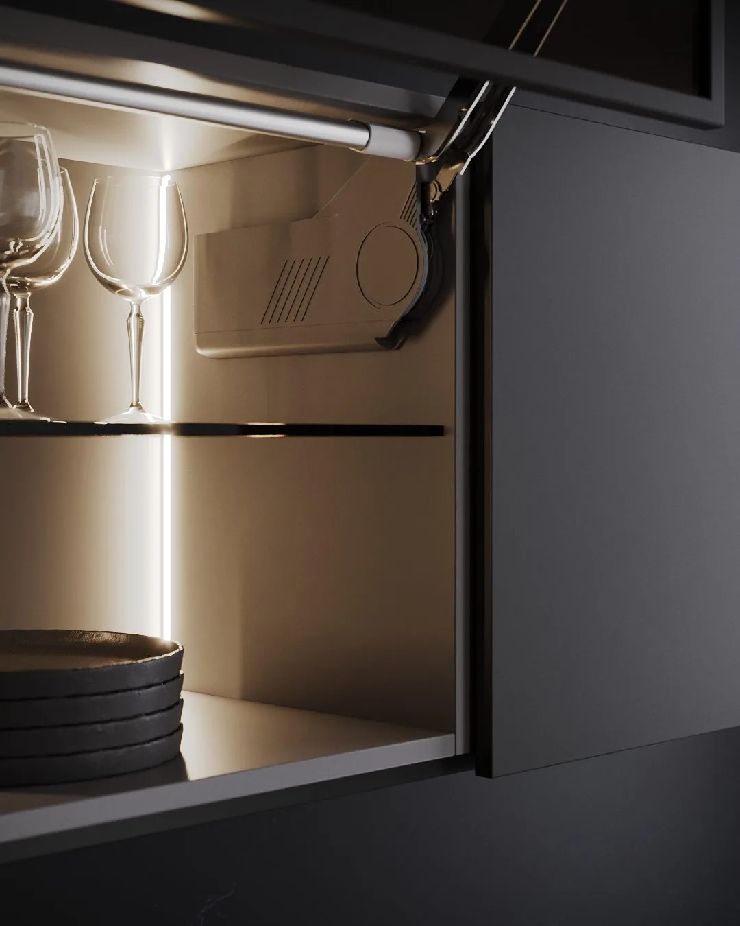 3D render of a cabinet lift mechanism with a grey cover inside an open wall cabinet