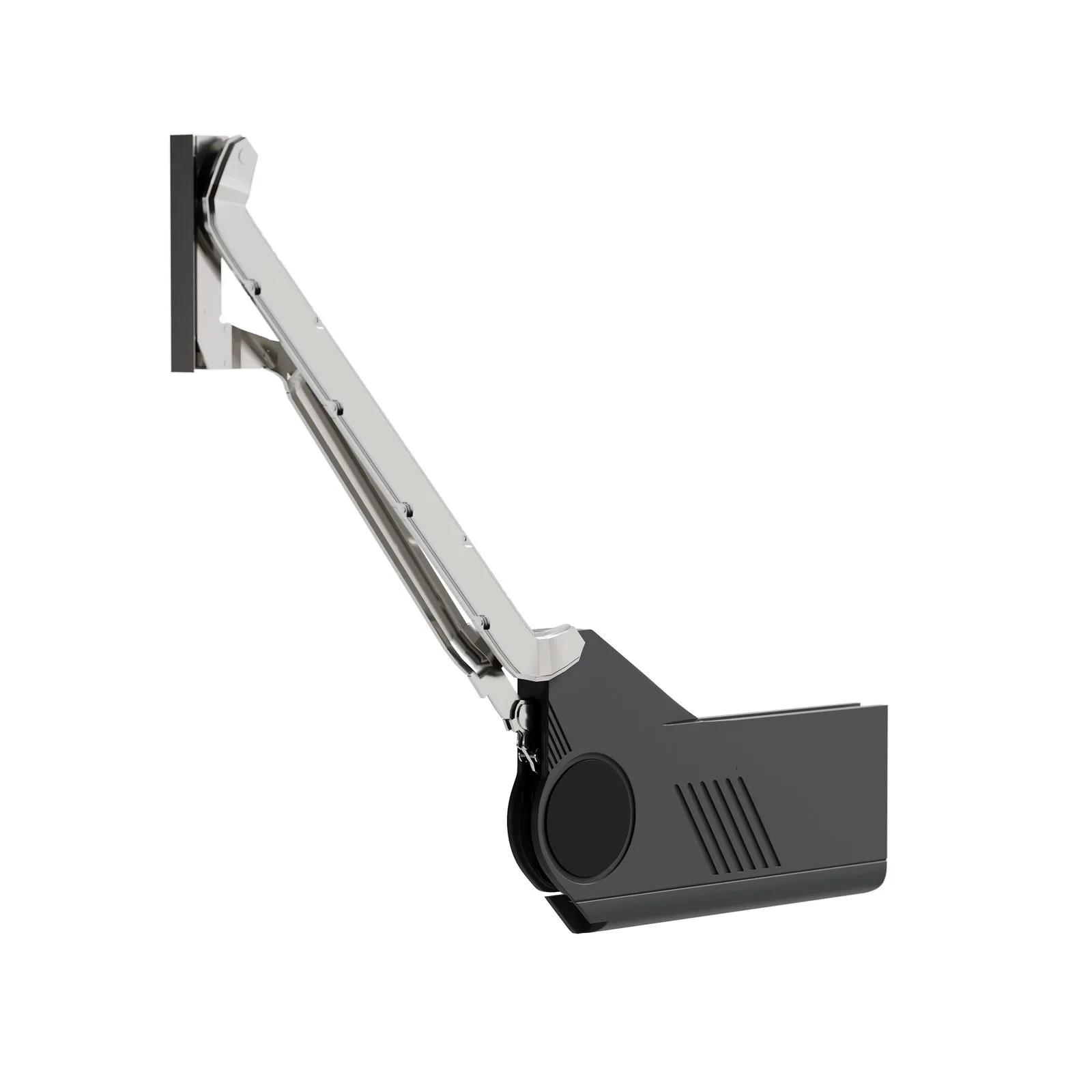 Isolated 3D render of a cabinet lift-up door mechanism with a steel arm and black housing