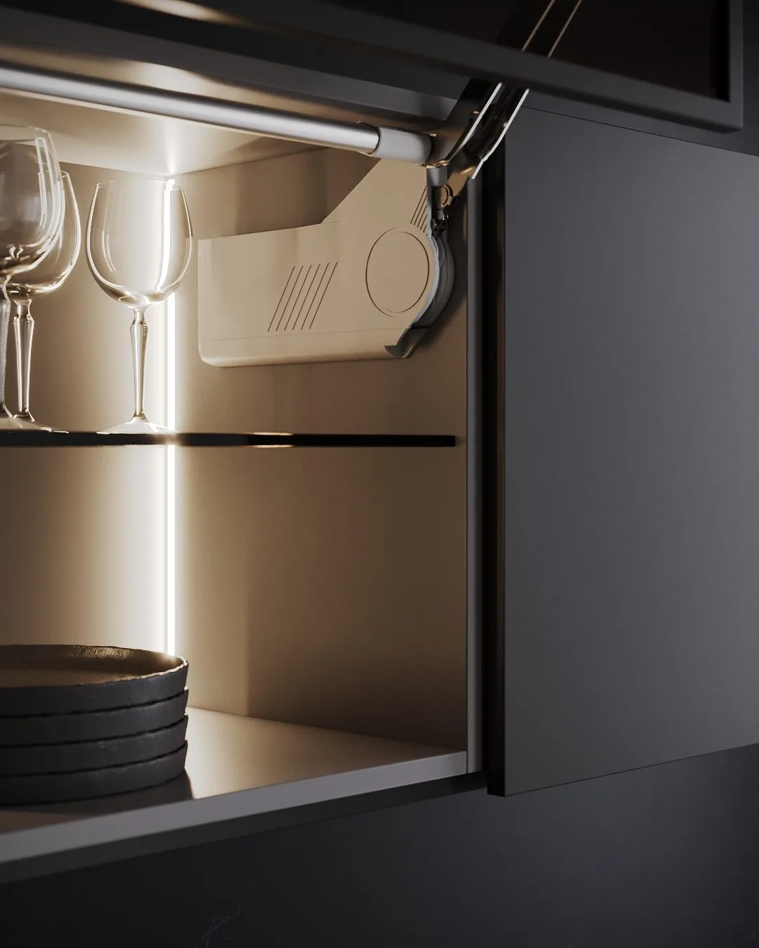 3D render of a cabinet lift mechanism with a white cover inside an open wall cabinet