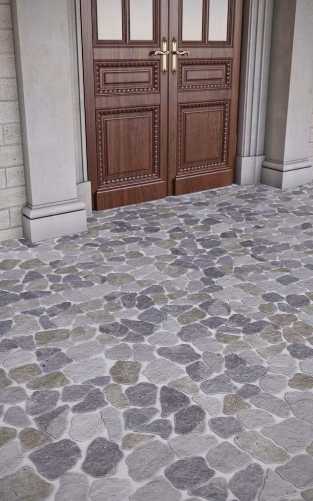 Close-up render of Cobbles Tumbled marble in a grey, blue and taupe mix by a carved wooden door