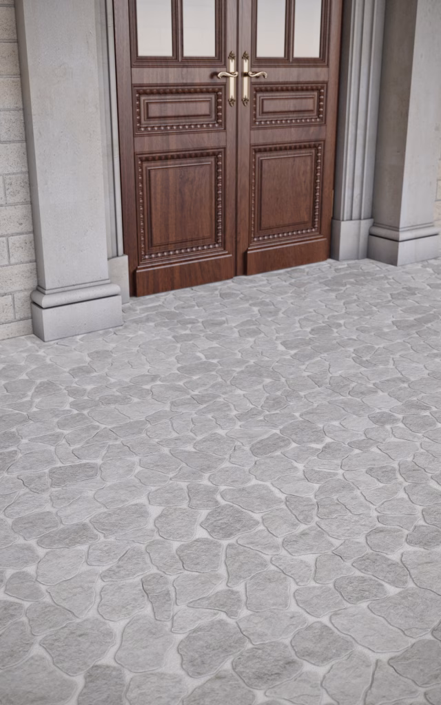 Close-up render of Cobbles Tumbled marble in light grey by a carved wooden door
