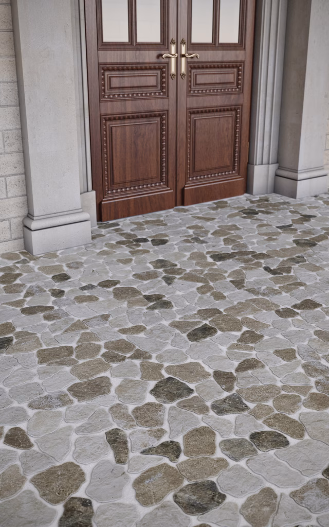 Close-up render of Cobbles Tumbled marble in a tan and grey mix by a carved wooden door