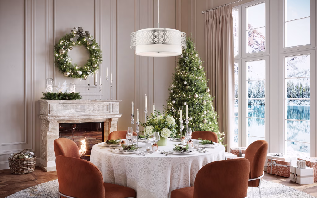 3D rendering of a Livex Lighting drum pendant with a cutout metal shade over a round Christmas dining table by the fireplace