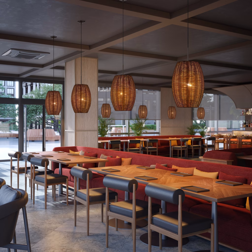 3D rendering of Livex Lighting rattan barrel pendants in several sizes over the tables of a modern restaurant