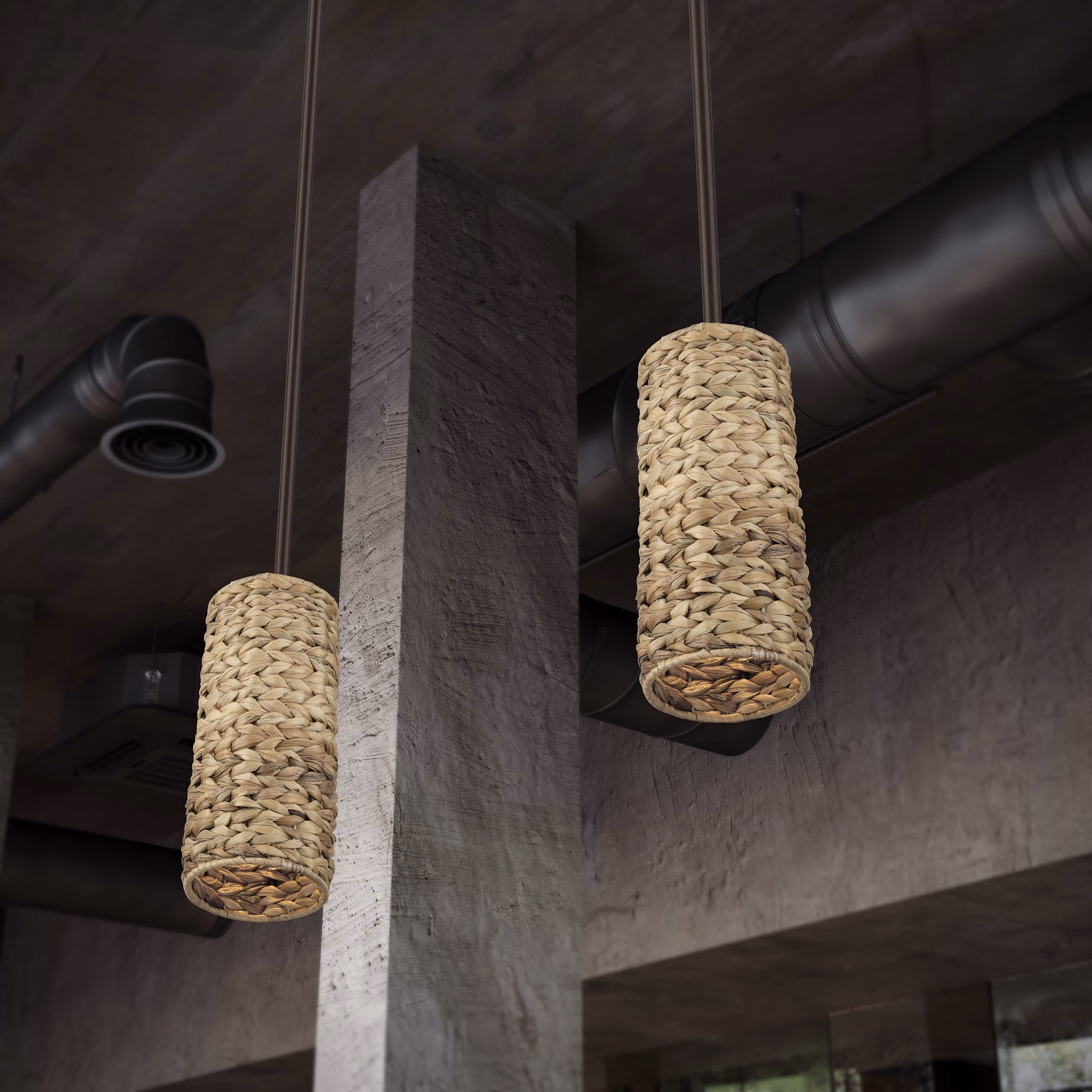 3D rendering of two Livex Lighting water hyacinth cylinder mini pendants in an industrial space with a concrete column and exposed ducts