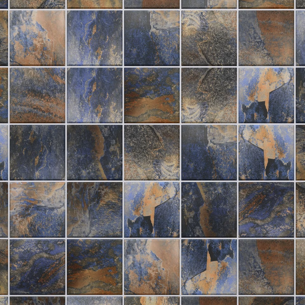 Close-up render of blue and copper stone-look tile with even white grout lines