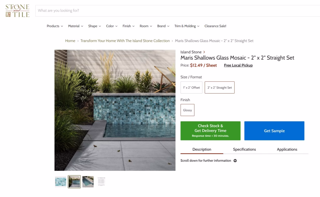 Stone and Tile product page for Maris Shallows glass mosaic, using a CGI render of a plunge pool wall as the main image