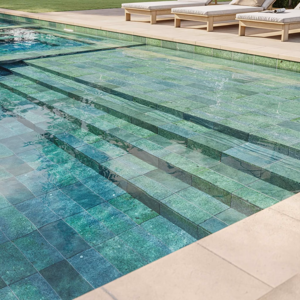 Close-up render of pool entry steps lined with green natural stone tile, seen through clear water