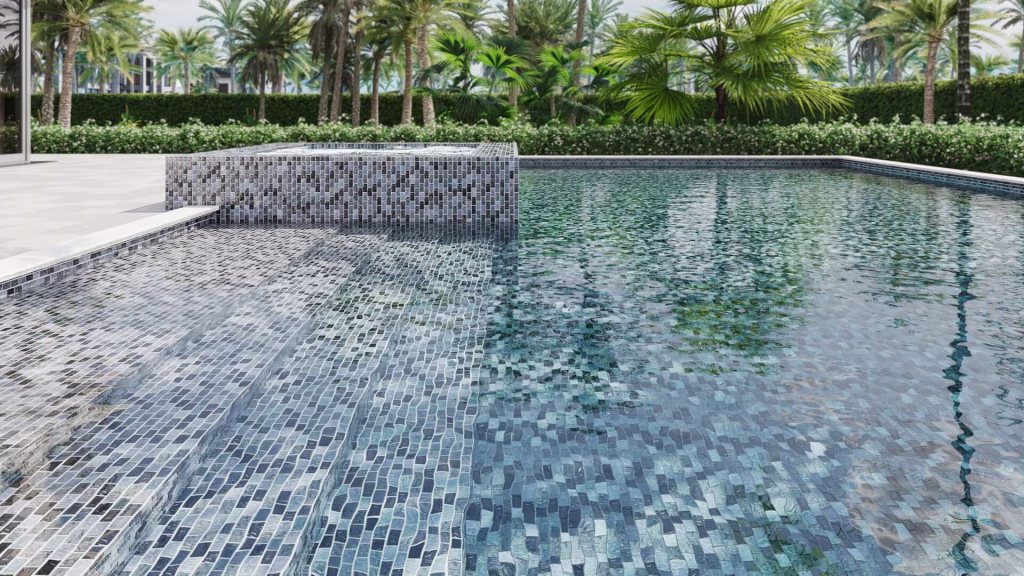 3D visualization of pool steps and a raised spa covered in grey-blue glass mosaic, with palm trees beyond